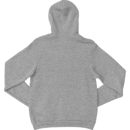 A heather gray pullover hoodie shown from the back, laid flat against a solid white background.