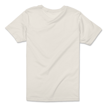 A plain natural colored short-sleeve t-shirt shown from the back, laid flat against a clean white background.