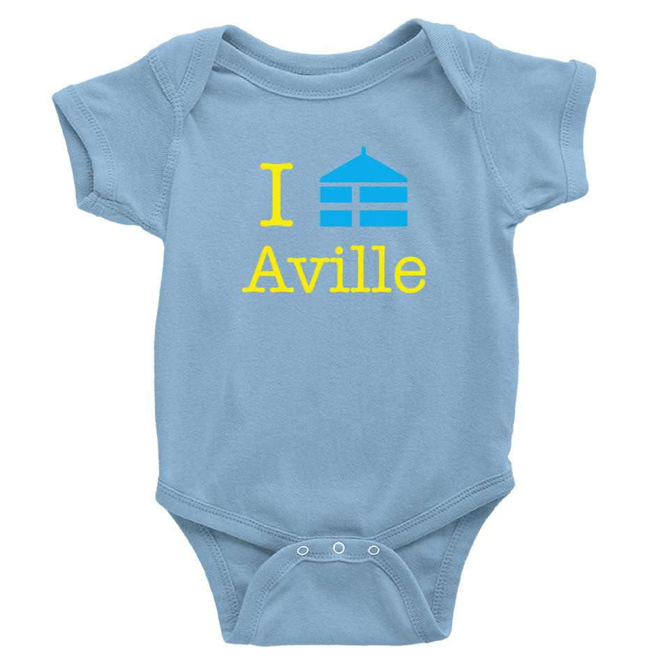 Baby blue onesie with aville logo in yellow and royal blue