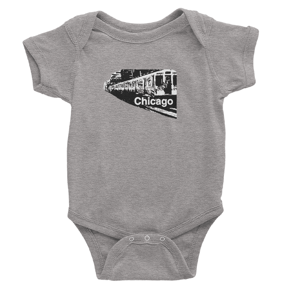 Heather Grey onesie with Chicago train in black and white