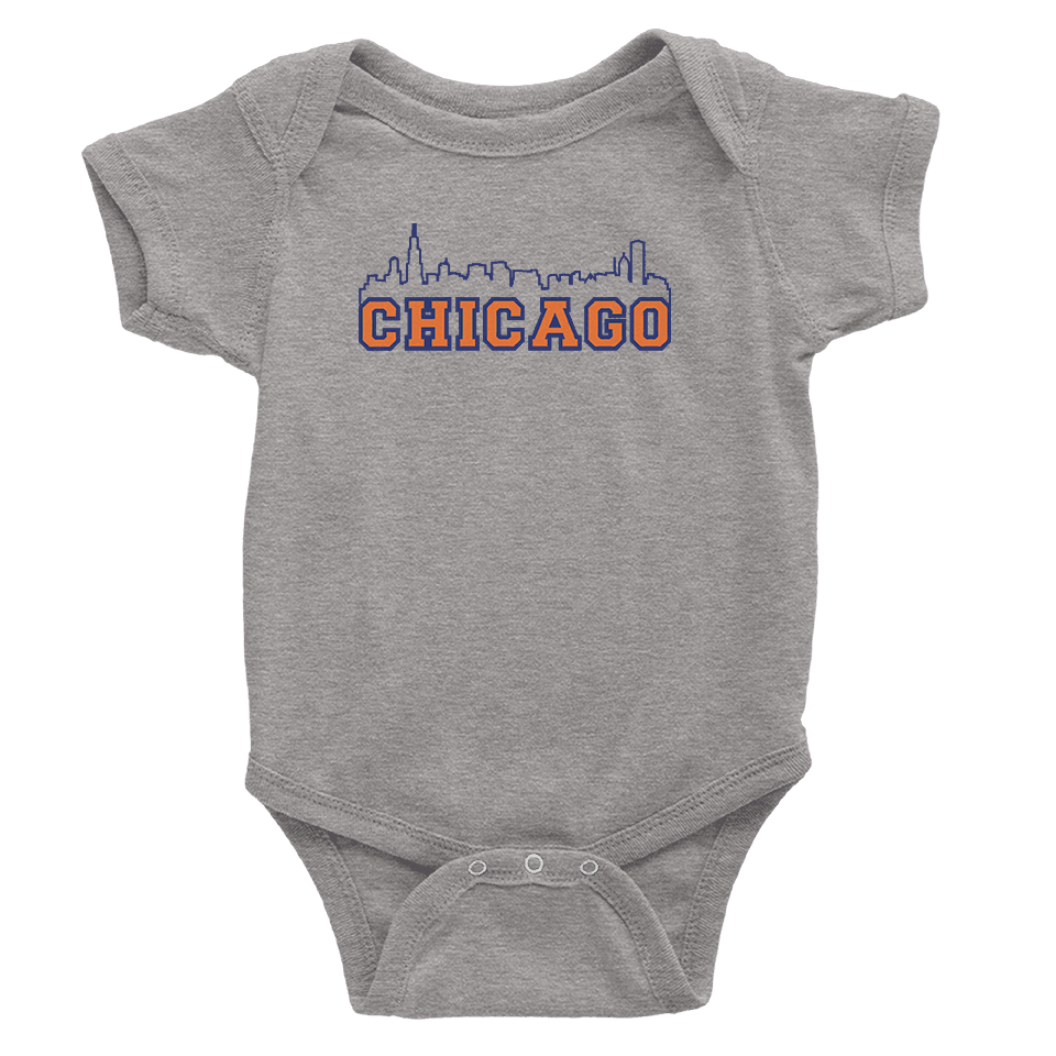Heather grey baby onesie with Chicago bears color skyline design