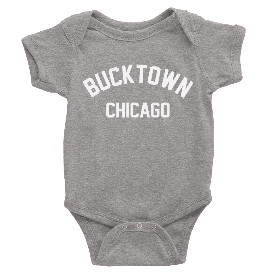 Heather Grey onesie with white Bucktown chicago logo