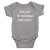 Grey onesie with Chicago to Michigan and back in white