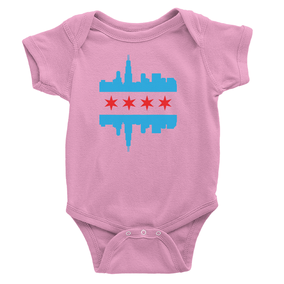 Pink Chicago onesie with baby blue and red flag and skyline design