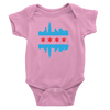 Pink Chicago onesie with baby blue and red flag and skyline design