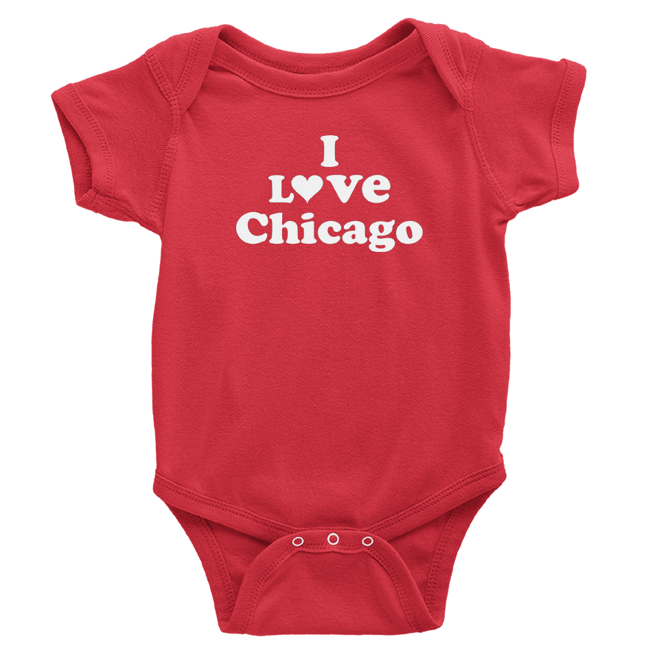 Red onesie with I love Chicago design in white